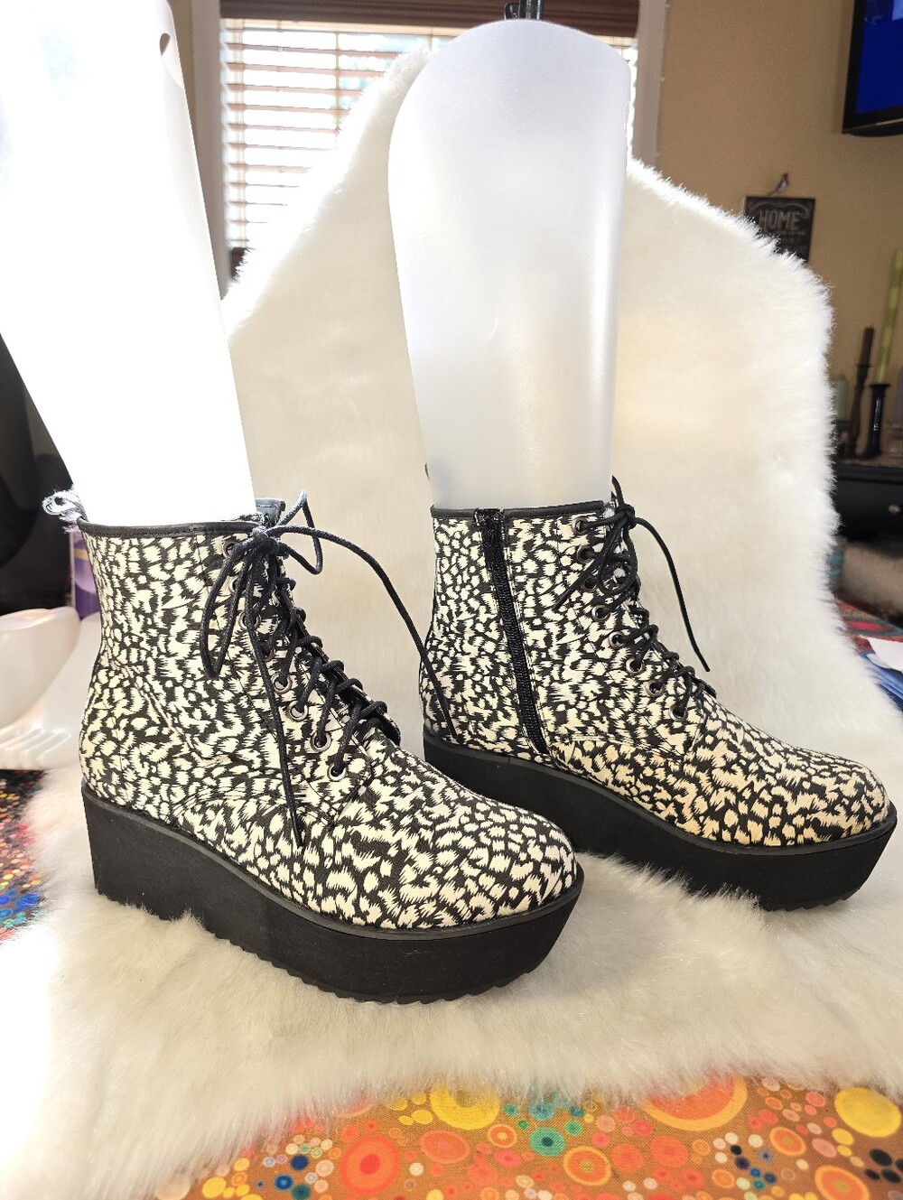 C. Label "Nata-11C" Black & White Textile Lace-Up Platform Ankle Combat Boots